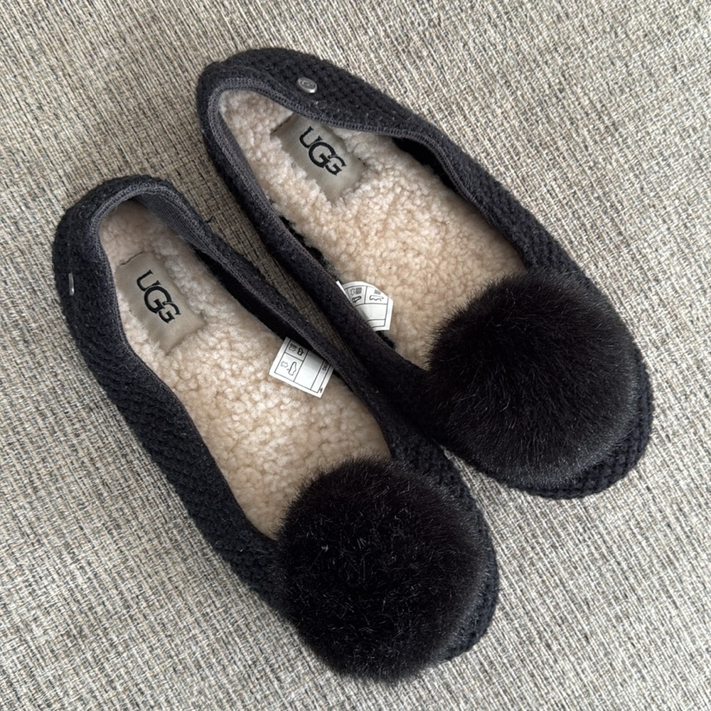 UGG Black Knit Slippers with Pom Pom - Picture 7 of 7